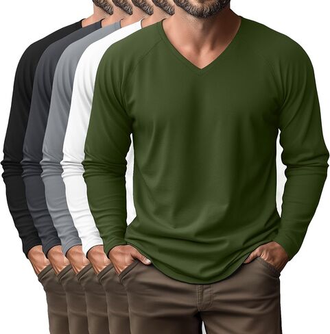 5 Pack Men's Long Sleeves Shirts V Neck Raglan Curved Hem Plain Basic Tee Fall Tops Multipack in Saudi Arabia