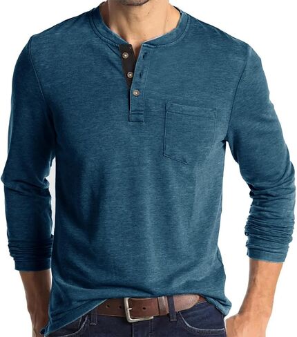 قميص Henley بأكمام طويلة للرجال خفيف الوزن كاجوال بثلاثة أزرار تي شيرت قطني كلاسيكي للعمل مع جيب in Kuwait