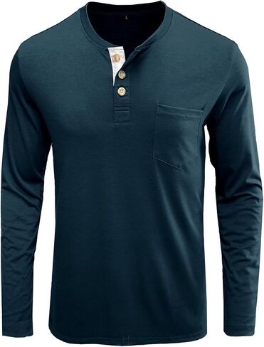 قميص Henley بأكمام طويلة للرجال خفيف الوزن كاجوال بثلاثة أزرار تي شيرت قطني كلاسيكي للعمل مع جيب in Kuwait