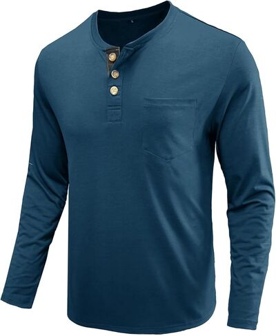 قميص Henley بأكمام طويلة للرجال خفيف الوزن كاجوال بثلاثة أزرار تي شيرت قطني كلاسيكي للعمل مع جيب in Kuwait