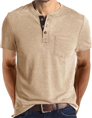 قميص Henley بأكمام طويلة للرجال خفيف الوزن كاجوال بثلاثة أزرار تي شيرت قطني كلاسيكي للعمل مع جيب in Kuwait