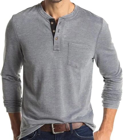قميص Henley بأكمام طويلة للرجال خفيف الوزن كاجوال بثلاثة أزرار تي شيرت قطني كلاسيكي للعمل مع جيب in Kuwait