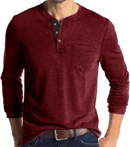 قميص Henley بأكمام طويلة للرجال خفيف الوزن كاجوال بثلاثة أزرار تي شيرت قطني كلاسيكي للعمل مع جيب in Kuwait