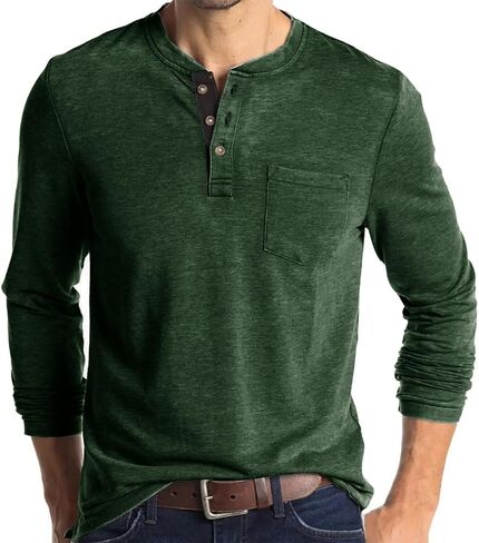 قميص Henley بأكمام طويلة للرجال خفيف الوزن كاجوال بثلاثة أزرار تي شيرت قطني كلاسيكي للعمل مع جيب in Kuwait