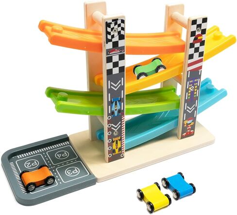 Wood City Toddler Toys for 1 2 3 Years Old, Wooden Car Ramp Racer Toy Vehicle Set with 7 Mini Cars & Race Tracks, Montessori Toys Craft Gift for Toddlers Boys and Girls in Kuwait