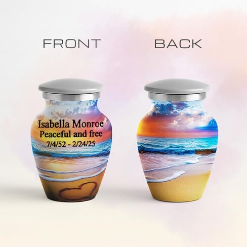 Personalized Keepsake Urn for Ashes – Small Gray Cremation Urn with Custom Text – Ocean Sunset and Heart in Sand Design – Mini Memorial Keepsake for Human Ashes – Elegant Tribute for Loved One in Kuwait