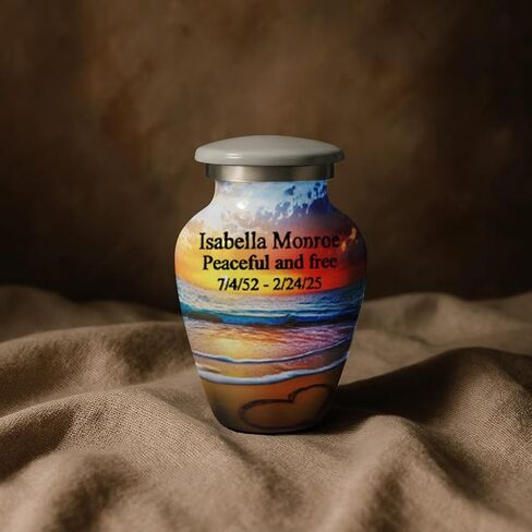 Personalized Keepsake Urn for Ashes – Small Gray Cremation Urn with Custom Text – Ocean Sunset and Heart in Sand Design – Mini Memorial Keepsake for Human Ashes – Elegant Tribute for Loved One in Kuwait