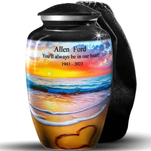 Personalized Keepsake Urn for Ashes – Small Gray Cremation Urn with Custom Text – Ocean Sunset and Heart in Sand Design – Mini Memorial Keepsake for Human Ashes – Elegant Tribute for Loved One in Kuwait