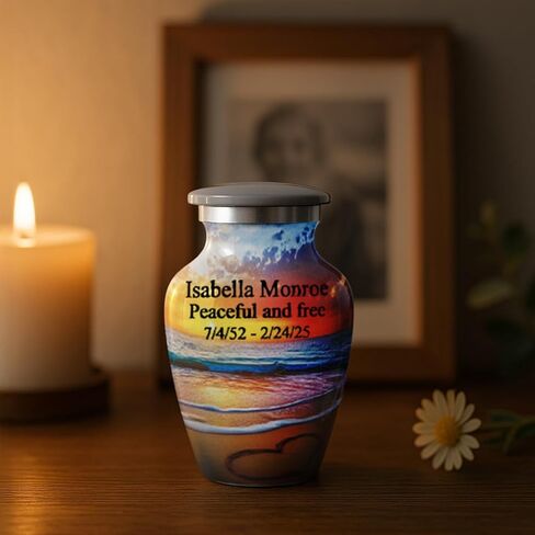 Personalized Keepsake Urn for Ashes – Small Gray Cremation Urn with Custom Text – Ocean Sunset and Heart in Sand Design – Mini Memorial Keepsake for Human Ashes – Elegant Tribute for Loved One in Kuwait