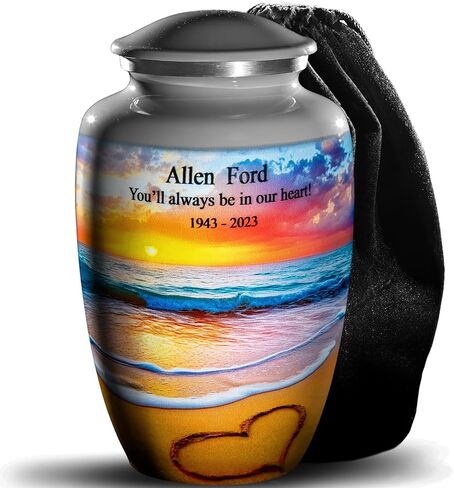 Personalized Keepsake Urn for Ashes – Small Gray Cremation Urn with Custom Text – Ocean Sunset and Heart in Sand Design – Mini Memorial Keepsake for Human Ashes – Elegant Tribute for Loved One in Kuwait