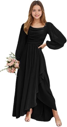 Rlweus Junor Bridesmaid Dresses Long Sleeve Chiffon Flower Girl Dress for Wedding Girls Pageant Party Gowns in Saudi Arabia
