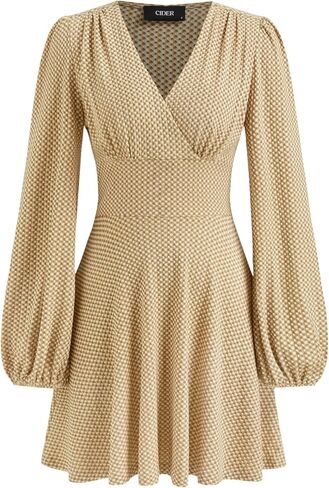 CIDER Long Sleeve Dress for Women V Neck A Line Plaid Mini Gingham Vintage Wedding Guest Dresses in Saudi Arabia