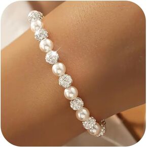 6MM Pearl Crystal Bracelets for Women,925 Sterling Silver Chain Link Dainty Simulated Pearl Rhinestone Beads Bracelet Trendy Jewelry to Mother Daughter Valentines Birthday Gifts in Saudi Arabia