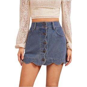 تنورة WDIRARA النسائية ذات الخصر العالي والأزرار الأمامية ذات الصدفي من قماش الدنيم Aline Mini Jeans in Kuwait