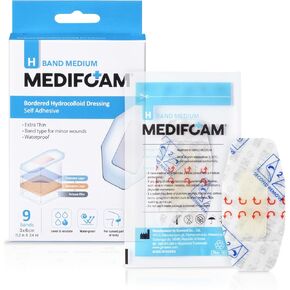 شريط H متوسط ​​- ضمادة غرواني مائي بحدود، تضميد جروح ذاتي اللصق، مقاوم للماء، رفيع للغاية، نوع الشريط للجروح البسيطة، 1.2 بوصة × 2.4 بوصة (9 أشرطة) in Kuwait