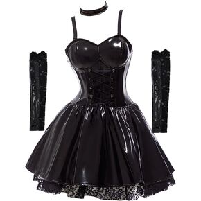 haikyuu Women Black Pu Leather Dress With Choker Stocking Garters Anime Cosplay Costume Goth Gothic Skirt in Saudi Arabia