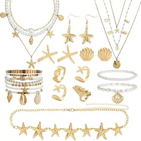 24 Pcs Seashell Starfish Jewelry Set Beach Jewelry for Women Starfish Earrings Seashell Necklace Open Ring Layer Boho Bead Adjustable Anklet Bracelets for Christmas Mermaid Gift in Saudi Arabia