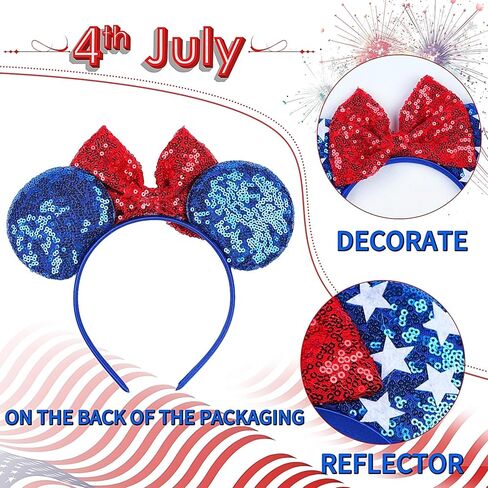 CONERY 4th of July Headbands for Women Men, Mouse Ears Headband with Sequin Bow Independence Day Blue Glitter Star Hairbands for Girls, Patriotic Party Decoration Costume Headwear Hair Accessories1Pcs in Saudi Arabia