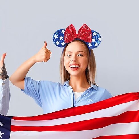 CONERY 4th of July Headbands for Women Men, Mouse Ears Headband with Sequin Bow Independence Day Blue Glitter Star Hairbands for Girls, Patriotic Party Decoration Costume Headwear Hair Accessories1Pcs in Saudi Arabia