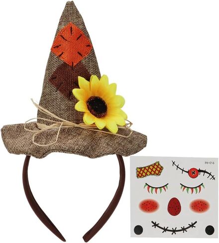 Lunaryvo Mini Scarecrow Hat Headband for Adults,Unisex Scarecrow Hat On Headband Flower With Face Decals Halloween Costume Accessory,2pcs（Light Brown） in Saudi Arabia