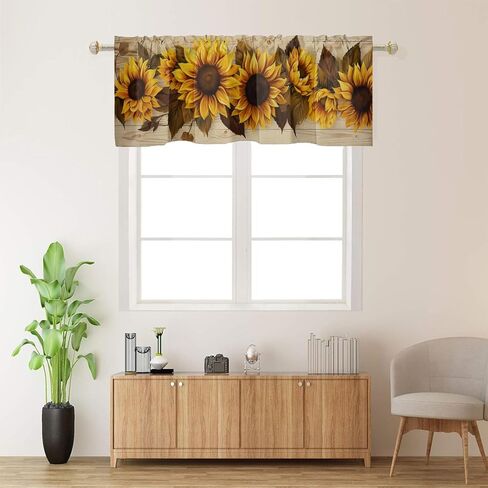 Sunflower Printed Window Curtains Valances Yellow Floral On Rustic Wooden Farmhouse Country Rod Pocket Valance Window Treatment Curtains For Kitchen Bathroom Living Room 54 X 18 Inch, 1 Panel in Saudi Arabia