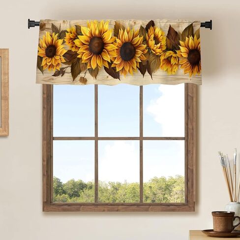 Sunflower Printed Window Curtains Valances Yellow Floral On Rustic Wooden Farmhouse Country Rod Pocket Valance Window Treatment Curtains For Kitchen Bathroom Living Room 54 X 18 Inch, 1 Panel in Saudi Arabia