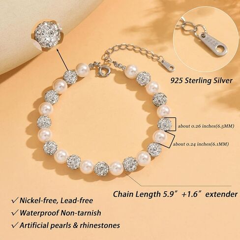 6MM Pearl Crystal Bracelets for Women,925 Sterling Silver Chain Link Dainty Simulated Pearl Rhinestone Beads Bracelet Trendy Jewelry to Mother Daughter Valentines Birthday Gifts in Saudi Arabia