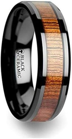 Thorsten Acacia Black Ceramic Ring with Genuine Hawaii Koa Wood Inlay Wedding Band Beveled Edges 6mm Width Custom Personalized Inside Engraved in Saudi Arabia