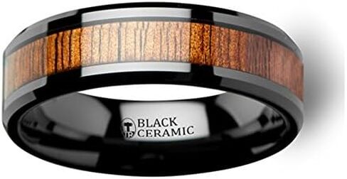 Thorsten Acacia Black Ceramic Ring with Genuine Hawaii Koa Wood Inlay Wedding Band Beveled Edges 6mm Width Custom Personalized Inside Engraved in Saudi Arabia