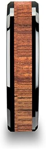 Thorsten Acacia Black Ceramic Ring with Genuine Hawaii Koa Wood Inlay Wedding Band Beveled Edges 6mm Width Custom Personalized Inside Engraved in Saudi Arabia