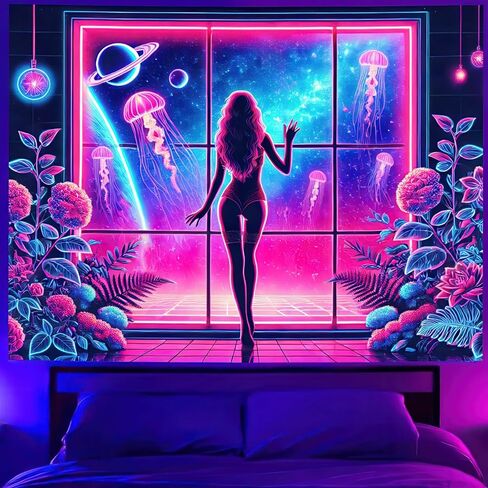 BlissYard مثير فتاة Blacklight نسيج خلفية مضيئة ملصق قنديل البحر الأشعة فوق البنفسجية نسيج لغرفة النوم جدار ديكور غرفة المعيشة غرفة الفن خلفية الديكور 78x59 بوصة in Kuwait