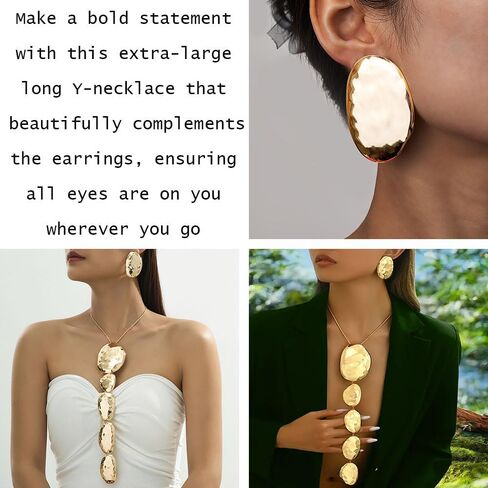 Chunky Statement Jewelry Set Gold/Silver Chunky Irregular Ellipse Extra Large Long Geometric Hammered Pendant Necklace Earrings Fashion Party Outfit Highlight Jewelry Accessory for Women in Saudi Arabia
