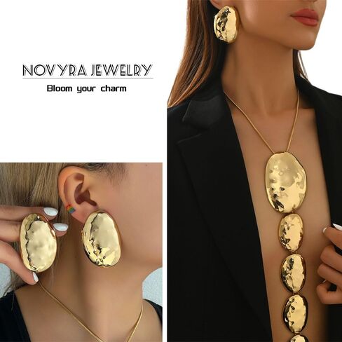Chunky Statement Jewelry Set Gold/Silver Chunky Irregular Ellipse Extra Large Long Geometric Hammered Pendant Necklace Earrings Fashion Party Outfit Highlight Jewelry Accessory for Women in Saudi Arabia