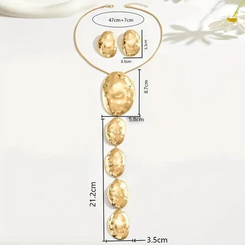 Chunky Statement Jewelry Set Gold/Silver Chunky Irregular Ellipse Extra Large Long Geometric Hammered Pendant Necklace Earrings Fashion Party Outfit Highlight Jewelry Accessory for Women in Saudi Arabia