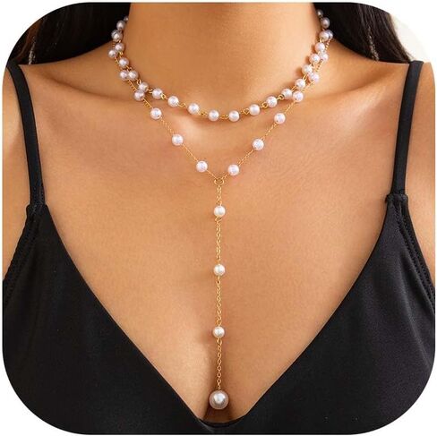 Pearl Layered Necklaces for Women Gold Plated Dainty Choker Necklace Jewelry Gifts in Saudi Arabia
