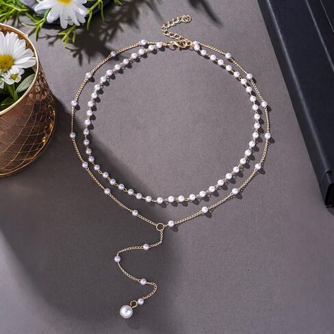 Pearl Layered Necklaces for Women Gold Plated Dainty Choker Necklace Jewelry Gifts in Saudi Arabia