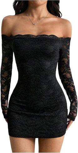 Floerns Women's Off The Shoulder Bodycon Dress Lace Long Sleeve Party Mini Dresses in Saudi Arabia