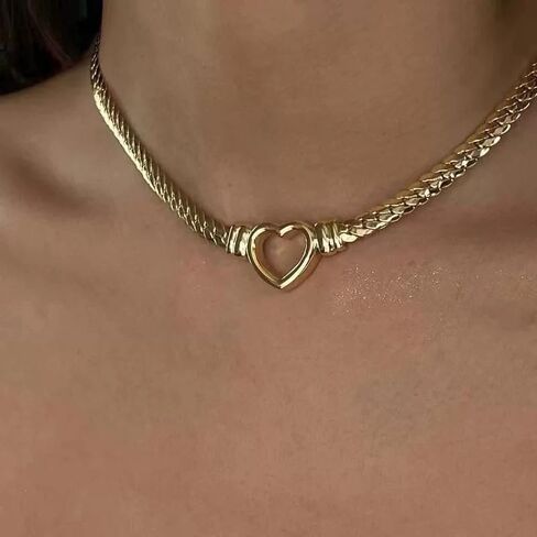 Minimalist 14K Gold-Plated Stainless Steel Snake Chain Necklace with Hollow Heart - Perfect for Mother’s Day and Special Occasions in Saudi Arabia