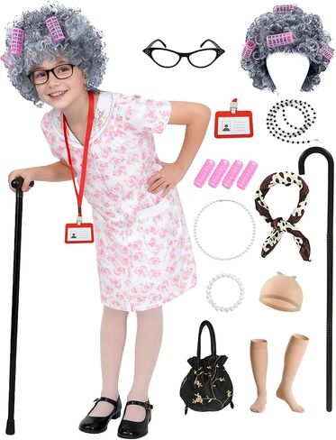 17pcs Old Lady Costume for Kids Girls 100 Day of School Costume Girls Kids Grandma Costume Old Women Dress Up in Saudi Arabia