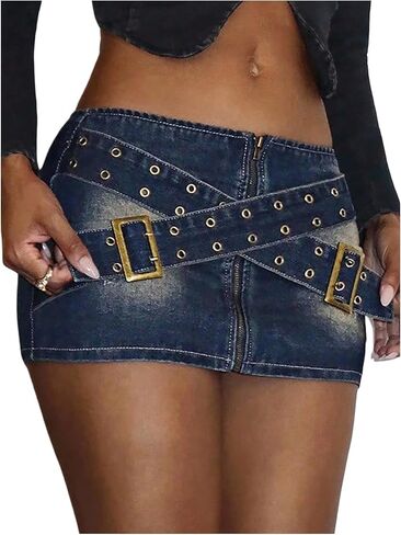 تنورة نسائية صغيرة من MakeMeChic مصنوعة من قماش الدنيم مع حلقات معدنية وسحّاب منخفض الارتفاع Y2K تنورة جينز in Kuwait
