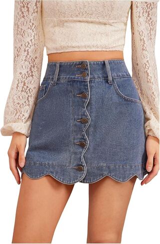 تنورة WDIRARA النسائية ذات الخصر العالي والأزرار الأمامية ذات الصدفي من قماش الدنيم Aline Mini Jeans in Kuwait