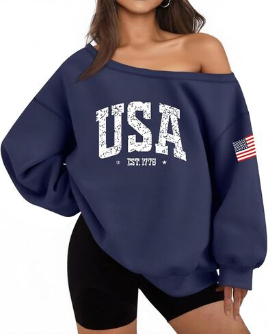 سويت شيرت Lacozy USA للنساء كبير الحجم من الصوف بدون أكتاف ناعم وأكمام طويلة بقلنسوة ملابس الرابع من يوليو in Kuwait