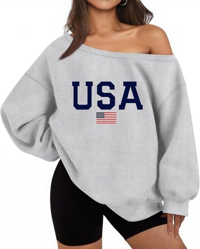 سويت شيرت Lacozy USA للنساء كبير الحجم من الصوف بدون أكتاف ناعم وأكمام طويلة بقلنسوة ملابس الرابع من يوليو in Kuwait