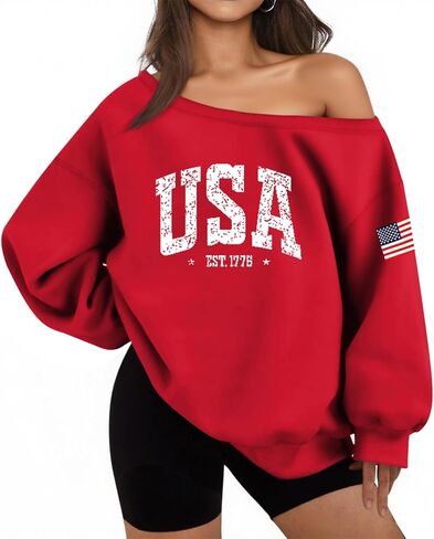 سويت شيرت Lacozy USA للنساء كبير الحجم من الصوف بدون أكتاف ناعم وأكمام طويلة بقلنسوة ملابس الرابع من يوليو in Kuwait