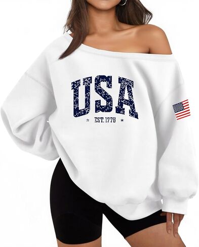 سويت شيرت Lacozy USA للنساء كبير الحجم من الصوف بدون أكتاف ناعم وأكمام طويلة بقلنسوة ملابس الرابع من يوليو in Kuwait