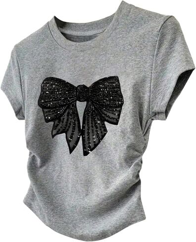 Girl's Cute Sequin Bow Tops Ruched Short Sleeve Crew Neck Slim Fit T Shirts in Saudi Arabia