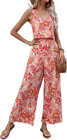 Women 2023 Casual Sleeveless Rompers Jumpsuit Floral Print Zip Back Wide Leg Cami Jumpsuit in Saudi Arabia