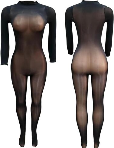 NRTHYE Women Sexy See Through Bodycon Jumpsuits Mesh Long Sleeve Shiny Seamless Stretch One Piece Rompers Night Clubwear in Saudi Arabia