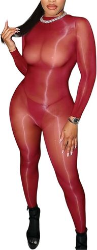 NRTHYE Women Sexy See Through Bodycon Jumpsuits Mesh Long Sleeve Shiny Seamless Stretch One Piece Rompers Night Clubwear in Saudi Arabia