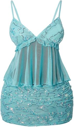 Floerns Women's 2 Piece Date Night Outfit Sequin Beaded Mesh Cami Top Glitter Mini Skirts Set in Saudi Arabia